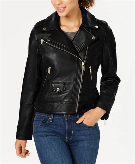 michael kors leather moto jacket macy& 39|Michael Kors black leather jacket.